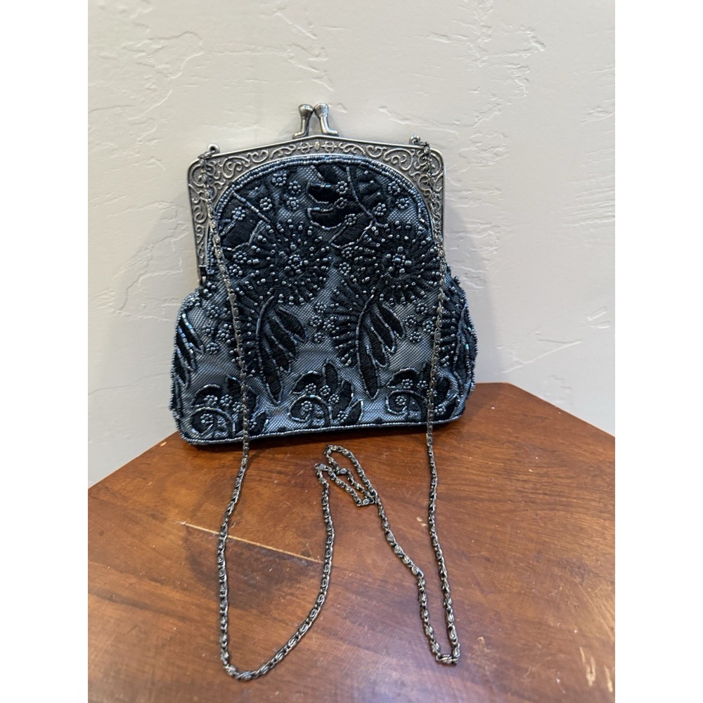Vintage Black Beaded Evening Bag Floral Mesh Kiss Lock Frame Clutch Purse 17"Chn